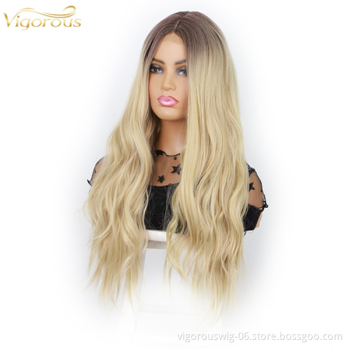High Quality Wig Good  Private Label Cheap Wholesale Price Natural Wave Ombre Blonde Hair Synthetic Hair Wig With Lace
